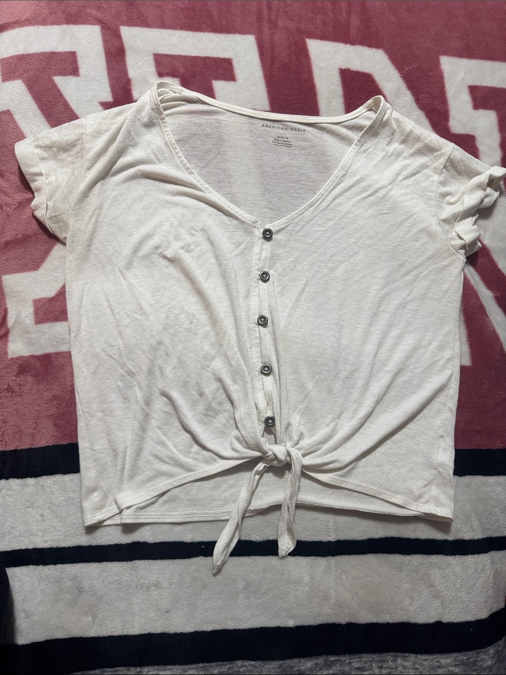 American Eagle Outfitters Cream Button-Front Tie Hem V-Neck Crop Top